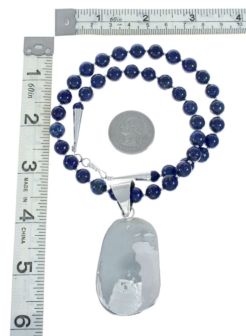 Navajo Lapis Sterling Silver And Bead Pendant Necklace Set X10693